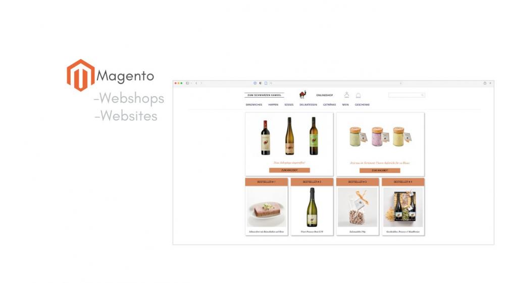 Man sieht den Webshop vom schwarzen Kameel (https://schwarzeskameel.at/shop/pub/kameel_online_shop/), ein Magento2 Webshop von Emig gestaltet. 