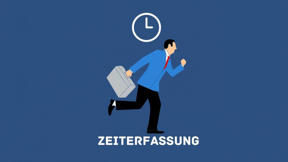 MAn sieht einen Arbeiter, der am Weg ins Büro ist. Darüber sieht man eine Uhr. Mit den Zeiterfassungssystemen von Emig fällt es leicht die Arbeitszeiten ihrer Mitarbeiter zu tracken.