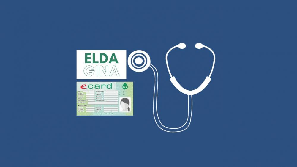 Sie sehen die Logos von ELDA und GINA, API Systeme für das Gesundheitswesen und die Zusammenarbeit mit E-Cards. Außerdem sieht man eine exemplarische Ecard, sowie ein ärztliches Gerät.