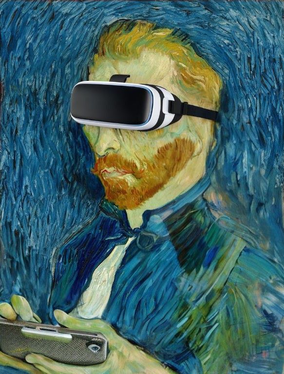 Hier sehen Sie den berühmten Maler Vincent Van Gogh mit einer VR-Brille am Kopf und einem Handy in der Hand. Emig legt viel wert auf Klasse und arbeitet stets auf höchstem technologischen und digitalen Niveau.